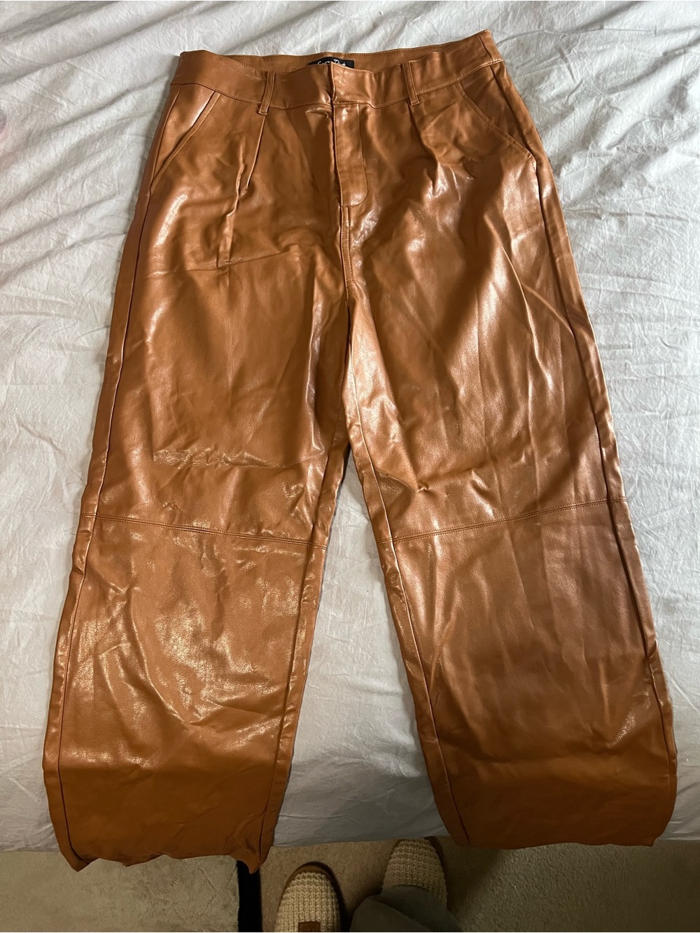 Lulu's Tan Cognac Faux Leather Wide-Leg Pants